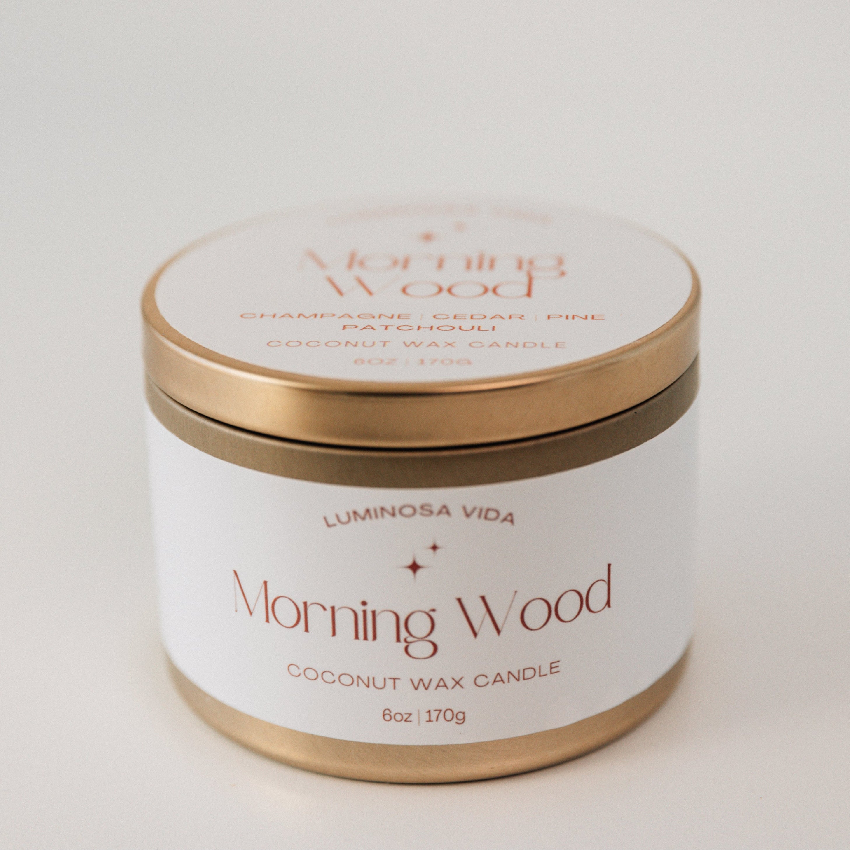 Rustic candle labeled 'Morning Wood,' featuring earthy brown wax in a minimalist container, styled with natural wood accents, pinecones, and a cozy morning forest vibe