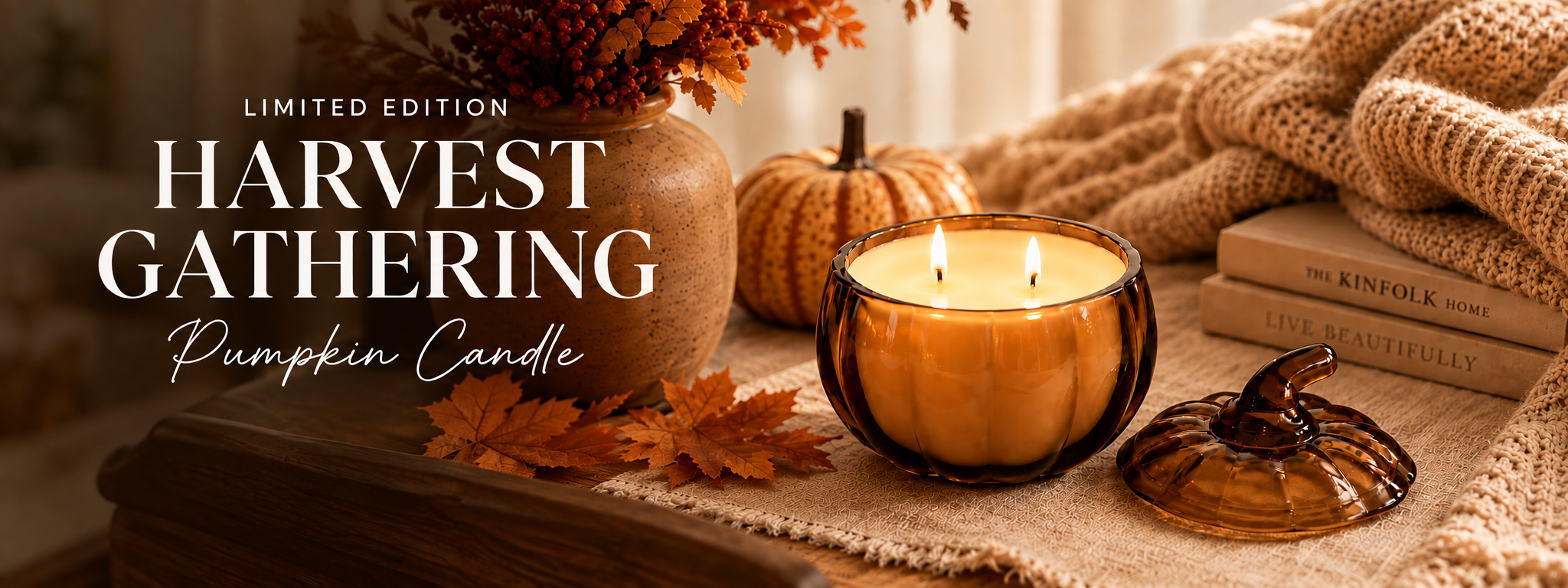 Harvest Gathering limited-edition pumpkin candle by Luminosa Vida styled in a warm autumn setting with fall leaves and cozy seasonal decor.