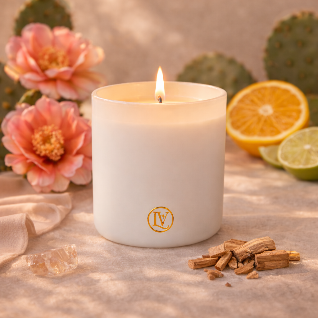 Luminosa Vida luxury candle with cactus flower, citrus and sandalwood in a warm desert inspired lifestyle scene.