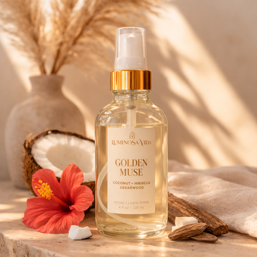 Luminosa Vida Golden Muse room and linen spray with coconut, hibiscus, and cedarwood styled in a tropical spa setting.