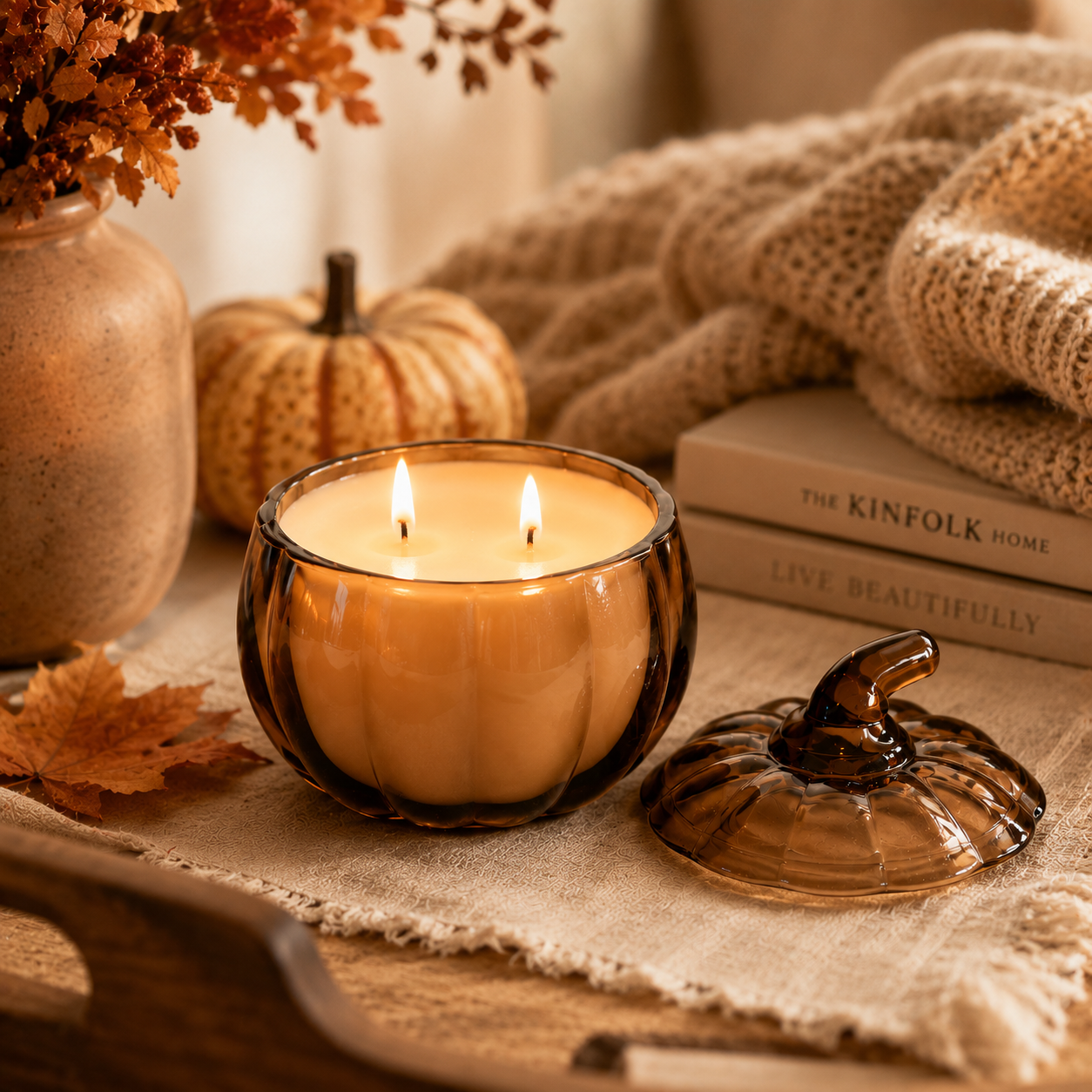Lit double wick pumpkin candle by Luminosa Vida in an amber glass vessel, styled with cozy fall home decor, autumn leaves, pumpkins, knit blankets, and warm seasonal accents.
