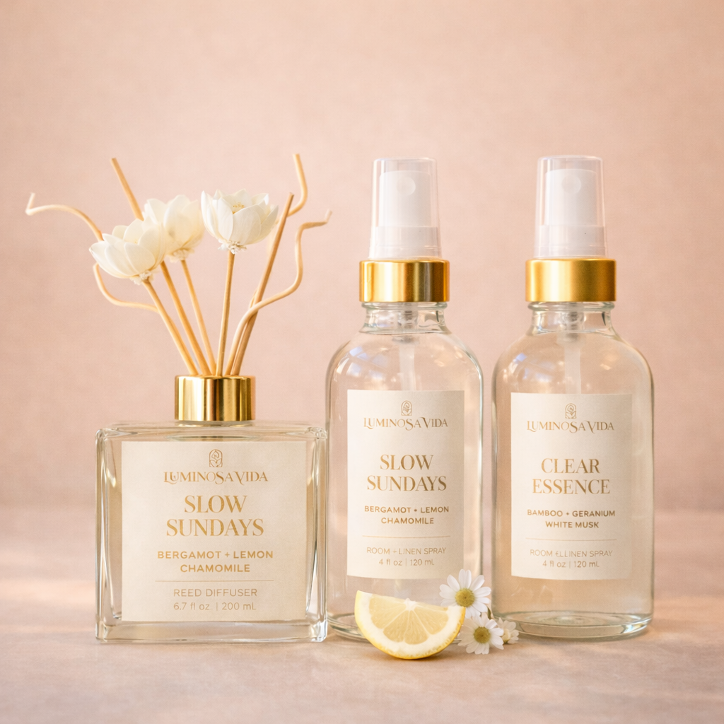 Luminosa Vida Slow Sundays reed diffuser and Clear Essence room and linen sprays.