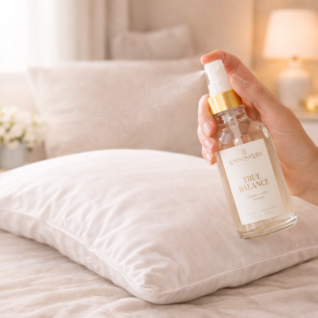Luminosa Vida True Balance room and linen spray misting onto a white pillow in a soft, sunlit bedroom.