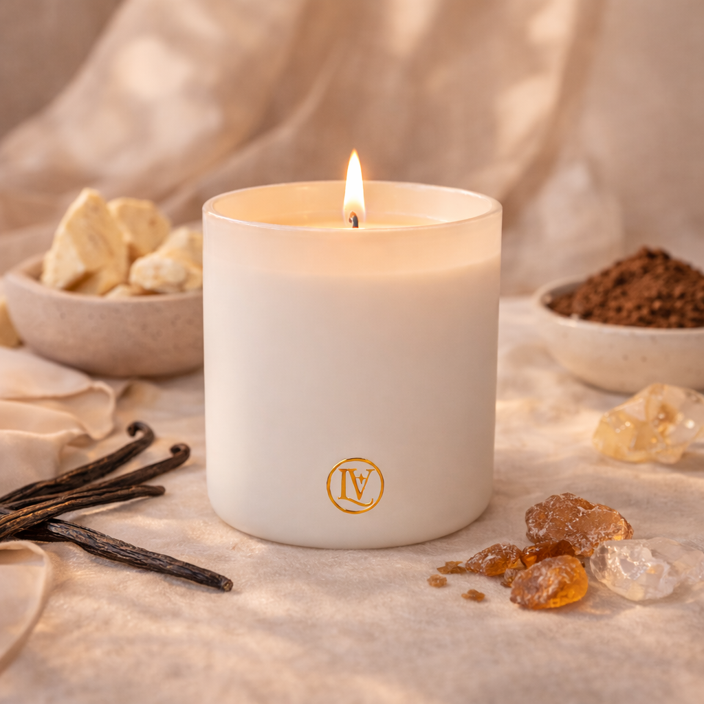 Luminosa Vida luxury coconut wax candle with vanilla, cocoa butter, amber and musk in a warm lifestyle scene.