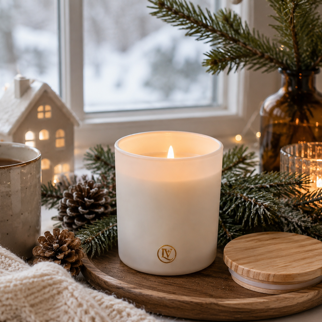 Luxury winter evergreen candle in a cozy Christmas-inspired setting with pine branches, frosted berries, pinecones, and soft holiday lighting. Snowy Evergreens by Luminosa Vida is a clean-burning coconut wax candle with pine, juniper, cherry blossom, and oakmoss fragrance notes for winter home decor and seasonal entertaining.