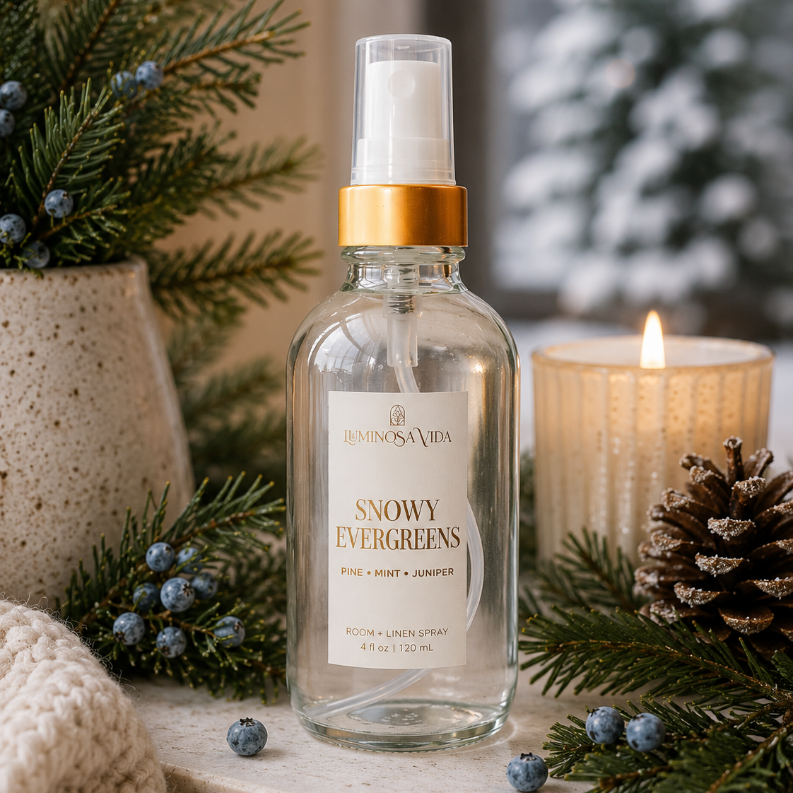 Snowy Evergreens Room & Linen Spray by Luminosa Vida styled with fresh pine branches, juniper berries, a frosted pinecone and cozy winter décor for a luxury holiday home fragrance.