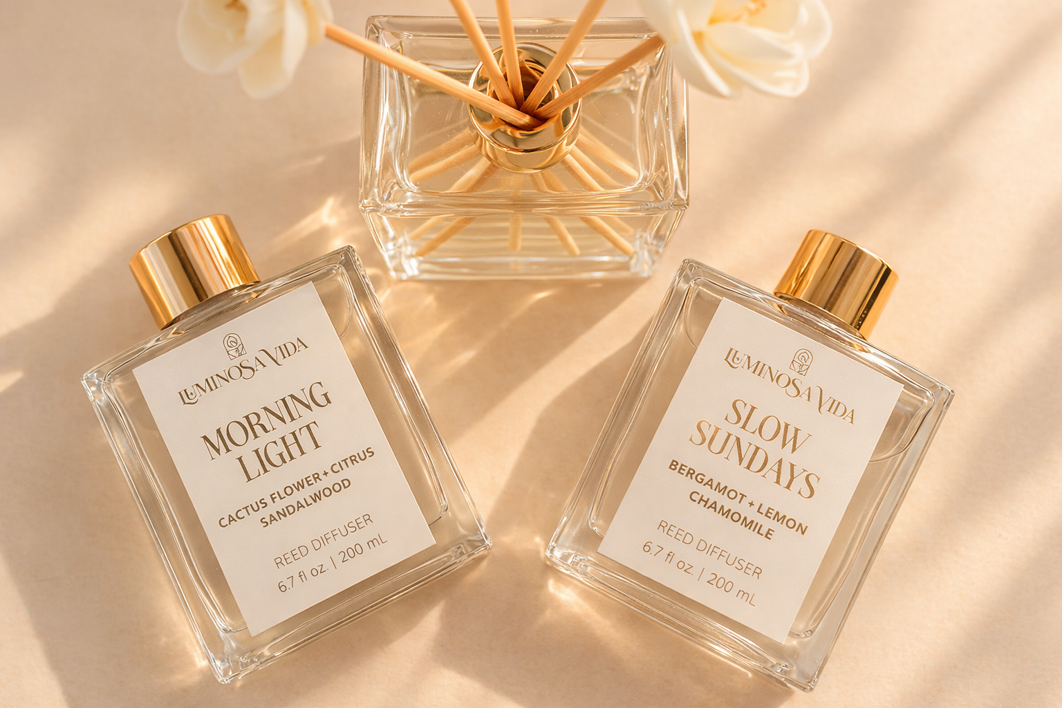 Luminosa Vida luxury reed diffusers including Morning Light and Slow Sundays fragrances styled in warm natural sunlight.