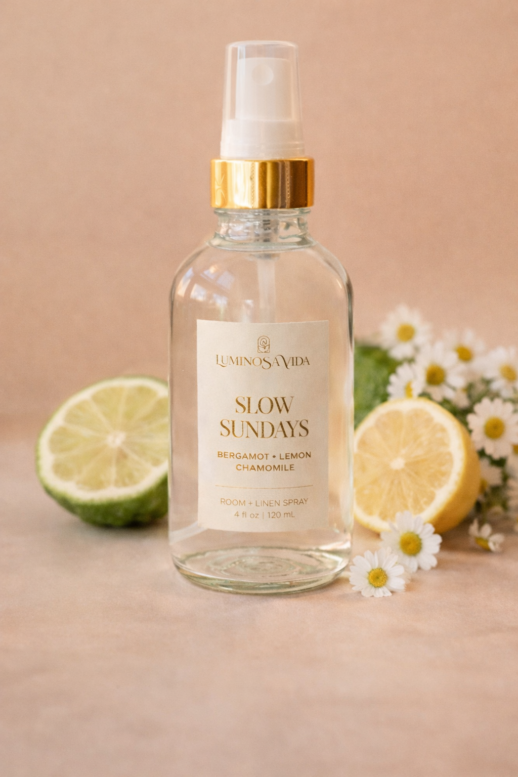 Slow Sundays room spray label by Luminosa Vida highlighting bergamot, lemon, and chamomile fragrance notes.