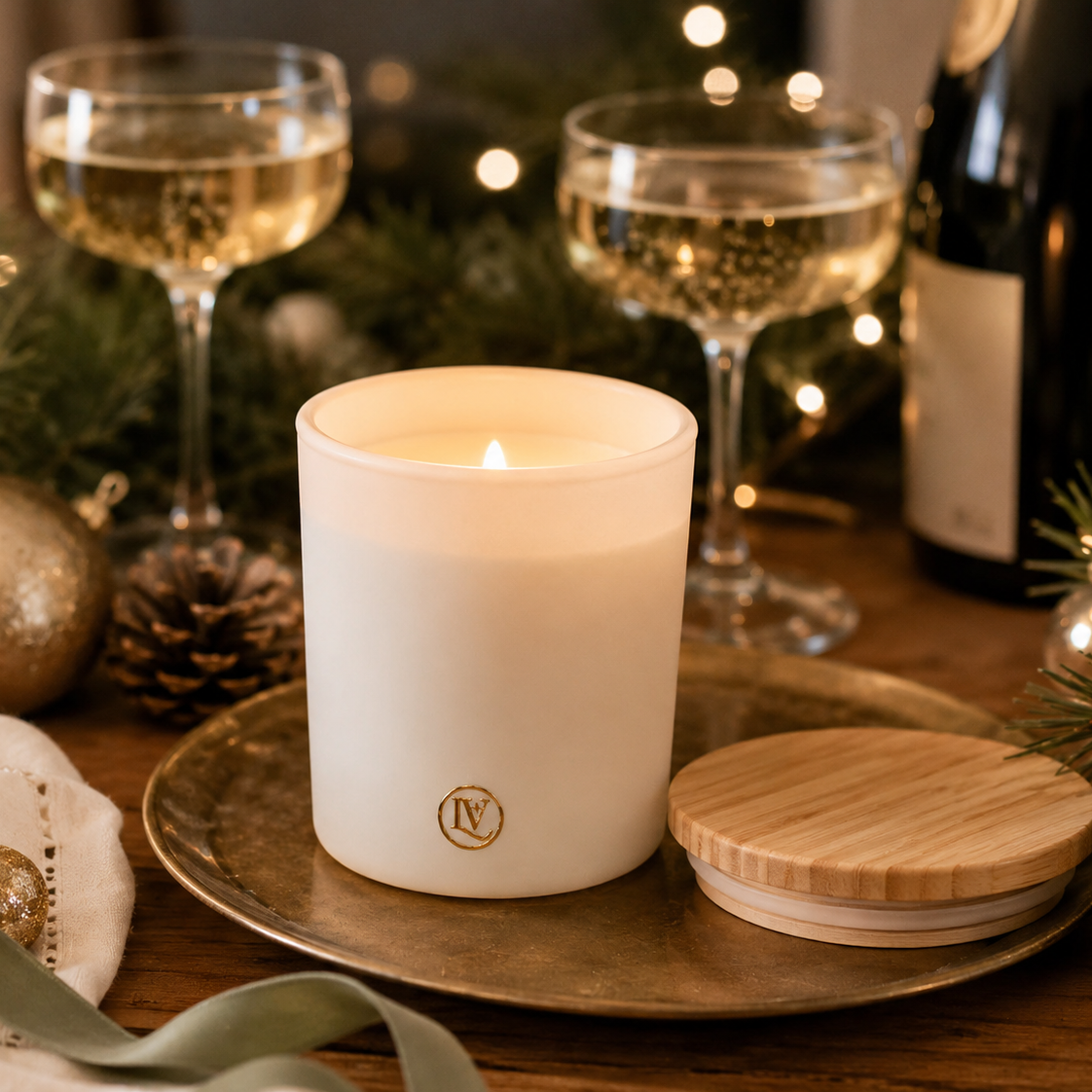Christmas Bubbles holiday candle by Luminosa Vida glowing on a festive holiday table with champagne glasses, evergreen accents, and twinkling lights, featuring notes of prosecco, citron, winter rose, blue spruce, and musk.