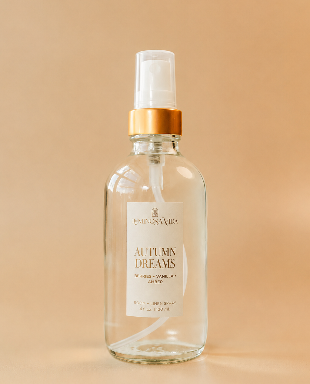 Autumn Dreams Room & Linen Spray by Luminosa Vida featuring berries, vanilla, and amber notes. Clean, phthalate-free room spray for linens, bedding, and cozy fall home fragrance.
