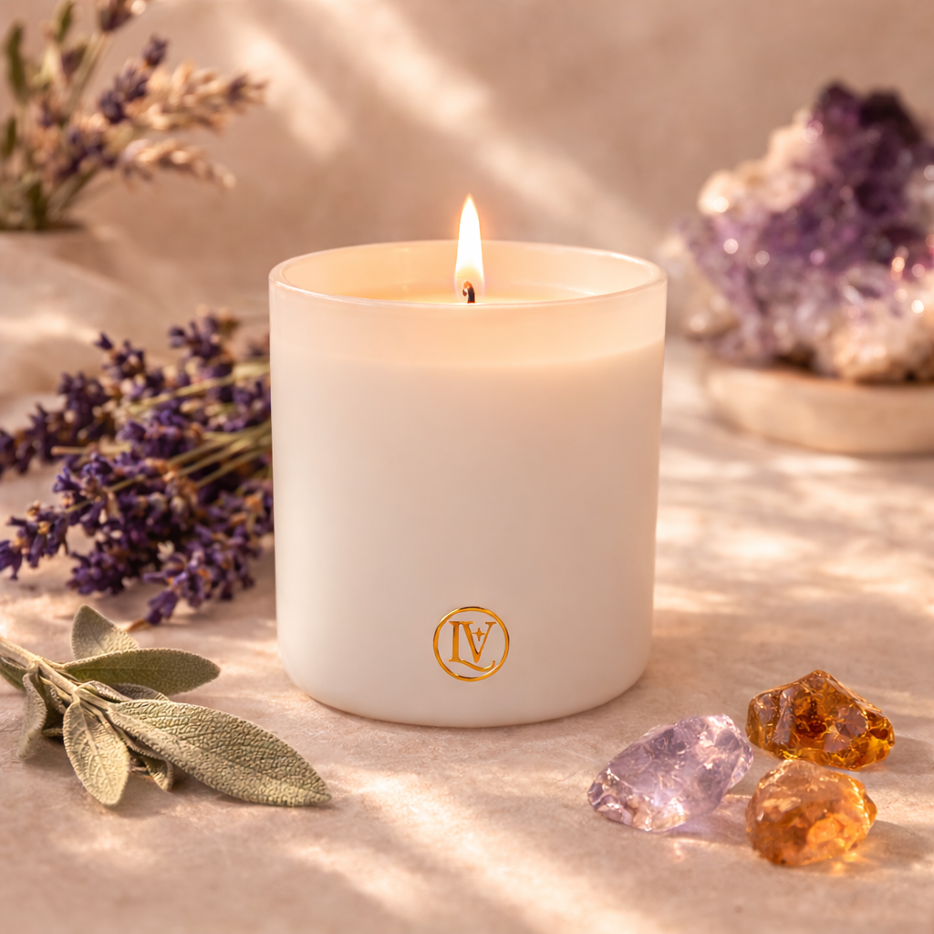 Luminosa Vida Divine Energy luxury coconut wax candle with lavender, amber, tonka bean and sage in a warm lifestyle scene.