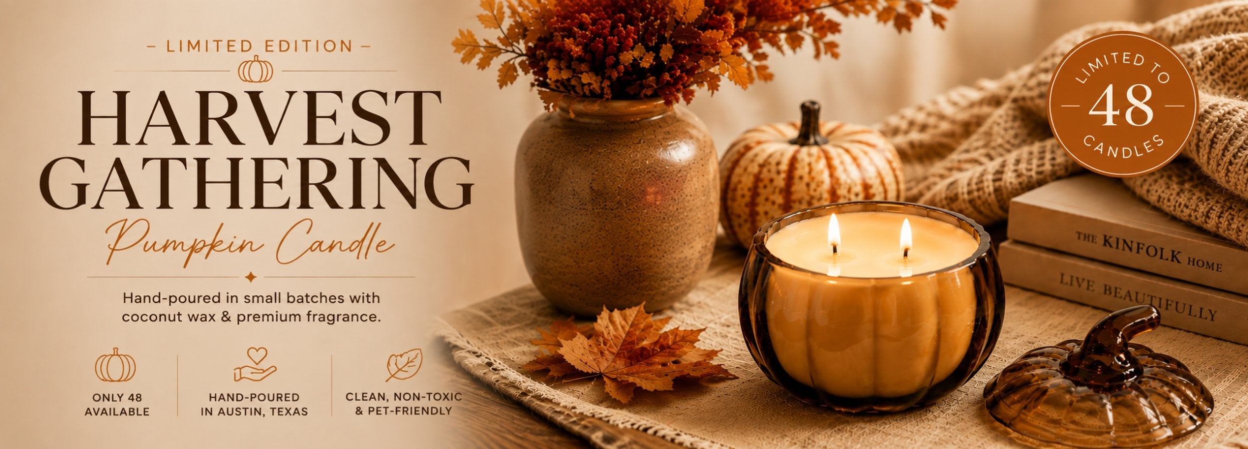 Harvest Gathering limited edition pumpkin candle by Luminosa Vida in an amber pumpkin glass vessel styled with cozy autumn décor for the fall home fragrance collection.