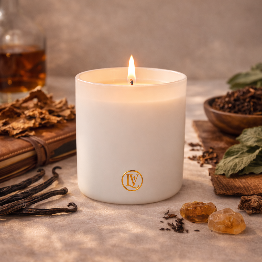 Luminosa Vida luxury coconut wax candle with leather, patchouli, vanilla and tobacco in a warm lifestyle scene.