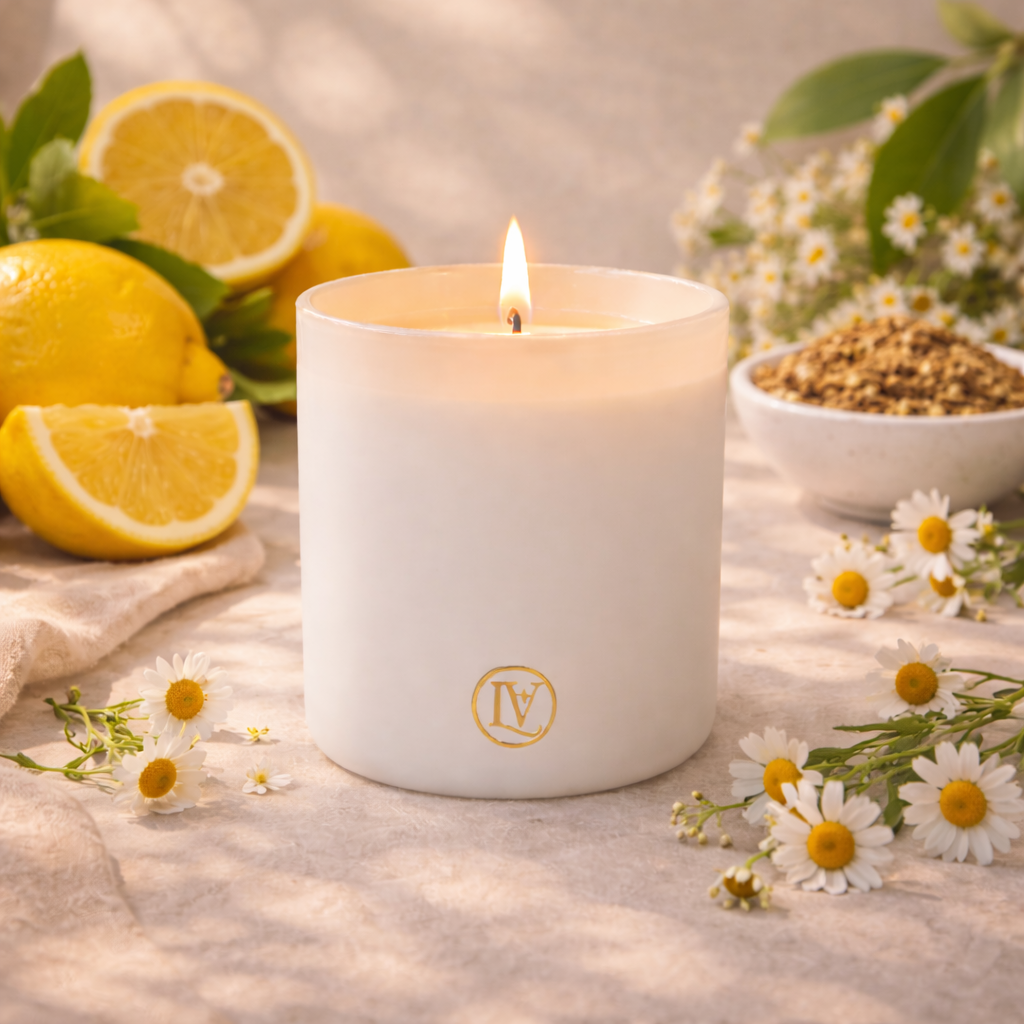 Luminosa Vida luxury candle with lemon, bergamot and chamomile in a bright citrus lifestyle scene.