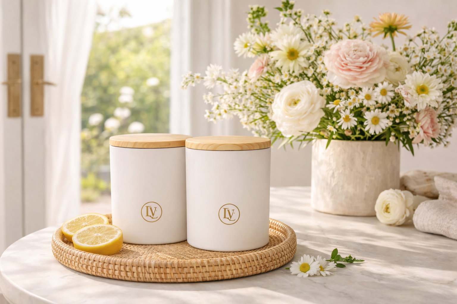 Luminosa Vida luxury coconut wax candle in matte white jar with wood lid styled with fresh florals in bright natural light