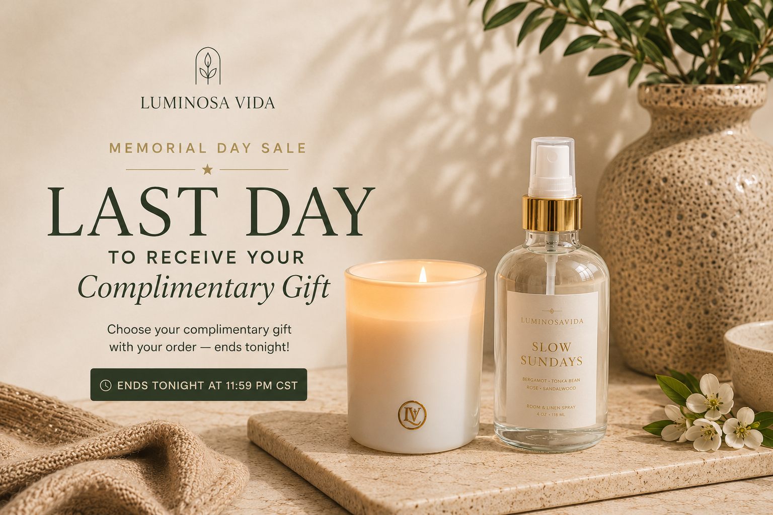 “Luminosa Vida Memorial Day Sale hero banner featuring a luxury coconut wax candle and room + linen spray in a warm neutral lifestyle setting with clean non toxic home fragrance products.”