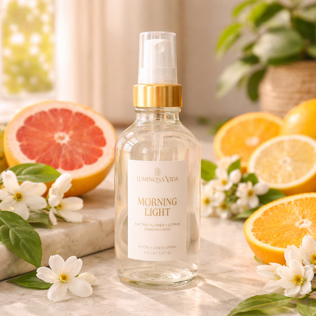 Luminosa Vida Morning Light room and linen spray with cactus flower, citrus, and sandalwood styled with fresh citrus and white flowers.