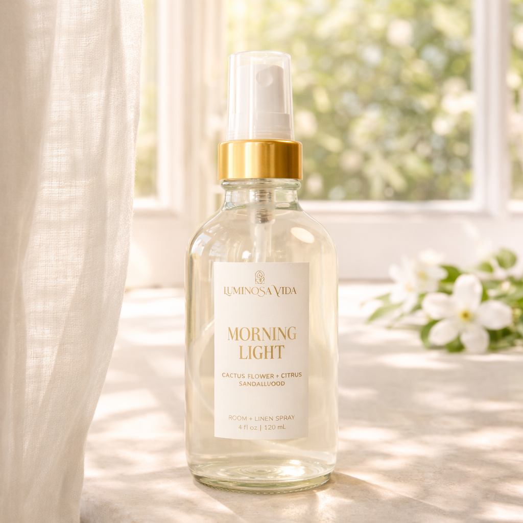 Luminosa Vida Morning Light room and linen spray with cactus flower, citrus, and sandalwood styled by a bright window with soft linen curtains.