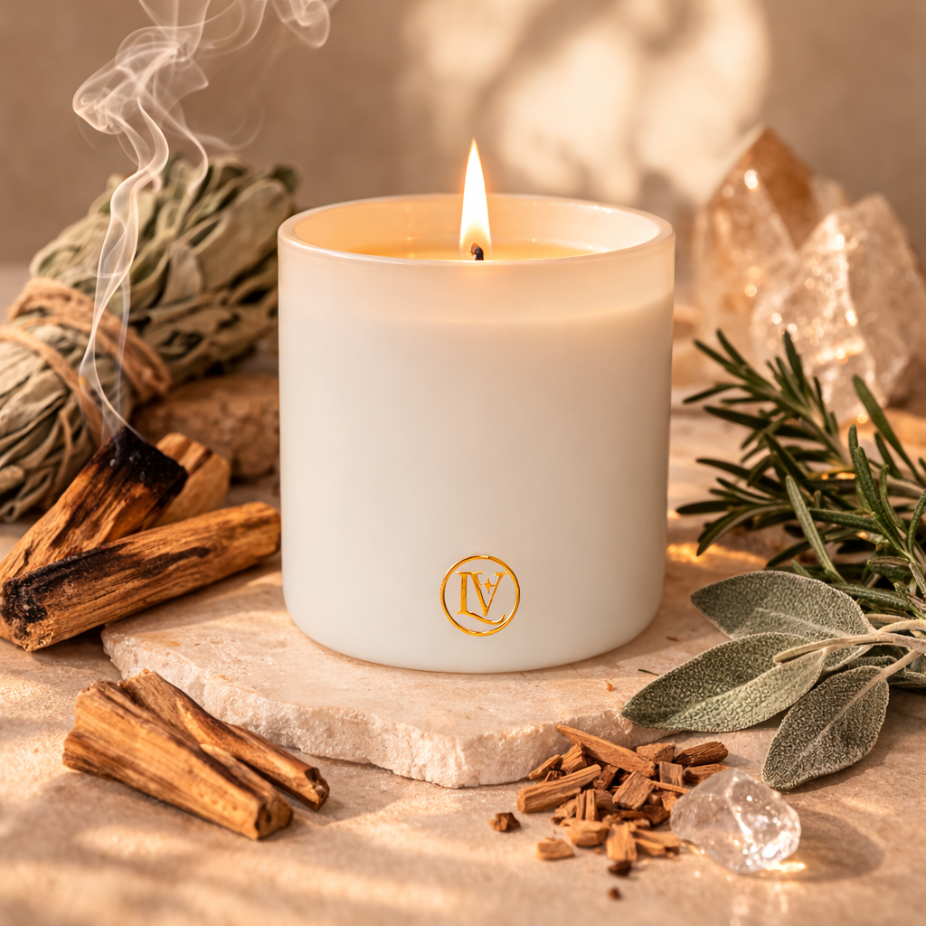 Luminosa Vida luxury coconut wax candle with palo santo, sage, rosemary and sandalwood in a calming ritual lifestyle scene.