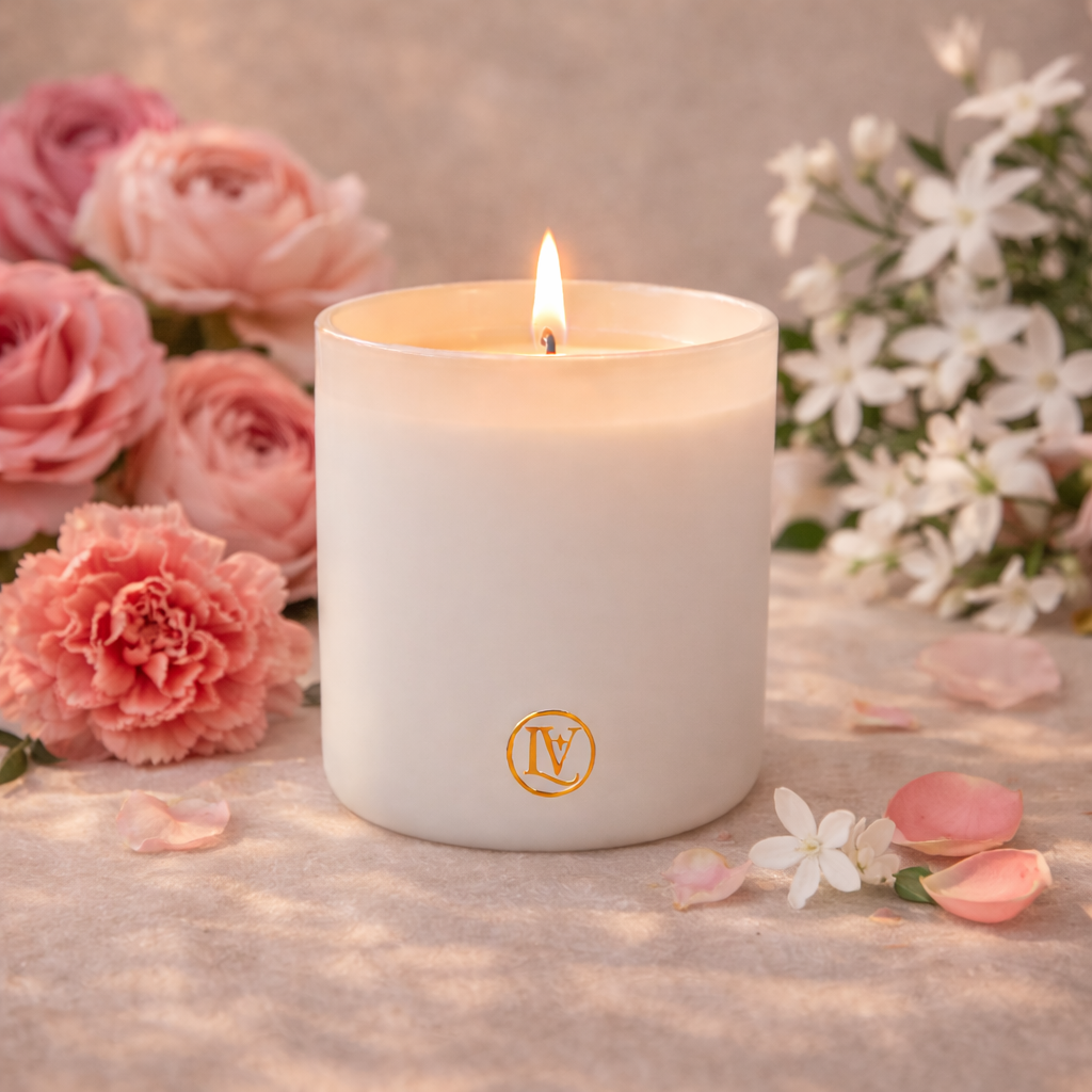 Luminosa Vida luxury candle with rose, carnation, jasmine and musk in an elegant floral lifestyle scene.