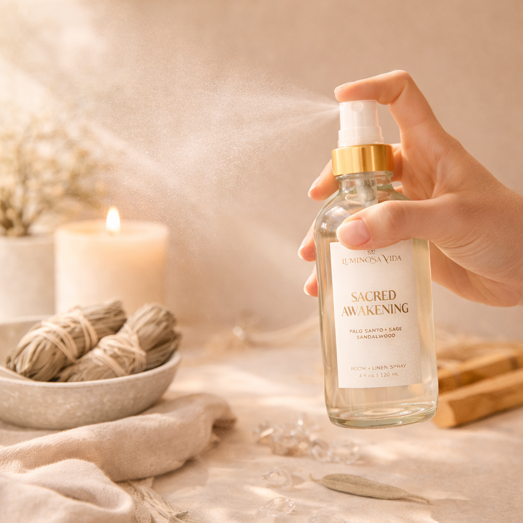 Hand spraying Luminosa Vida Sacred Awakening room and linen spray with palo santo and sage.