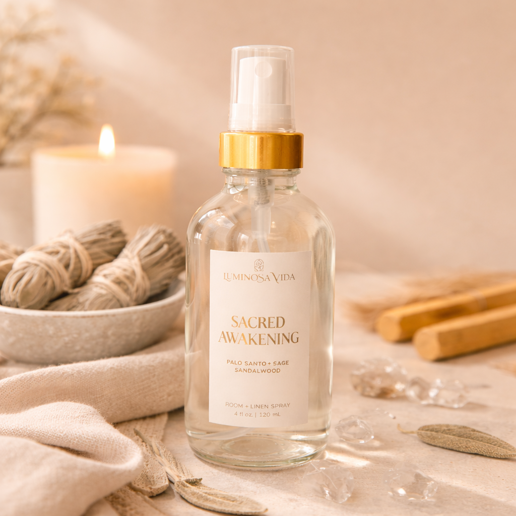 Luminosa Vida Sacred Awakening room and linen spray with palo santo, sage, and sandalwood styled with crystals and candle.