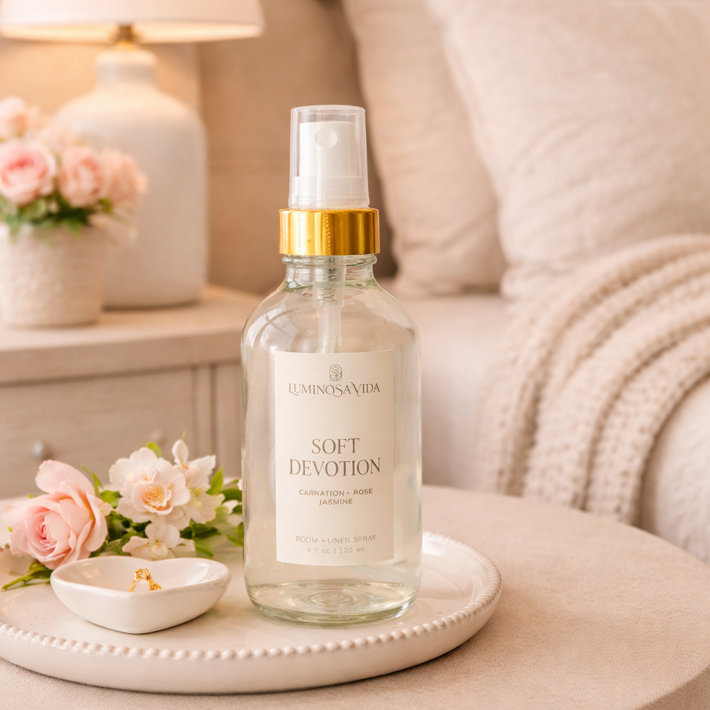 Luminosa Vida Soft Devotion room and linen spray with carnation, rose, and jasmine on an elegant bedroom nightstand with soft bedding and pink flowers.