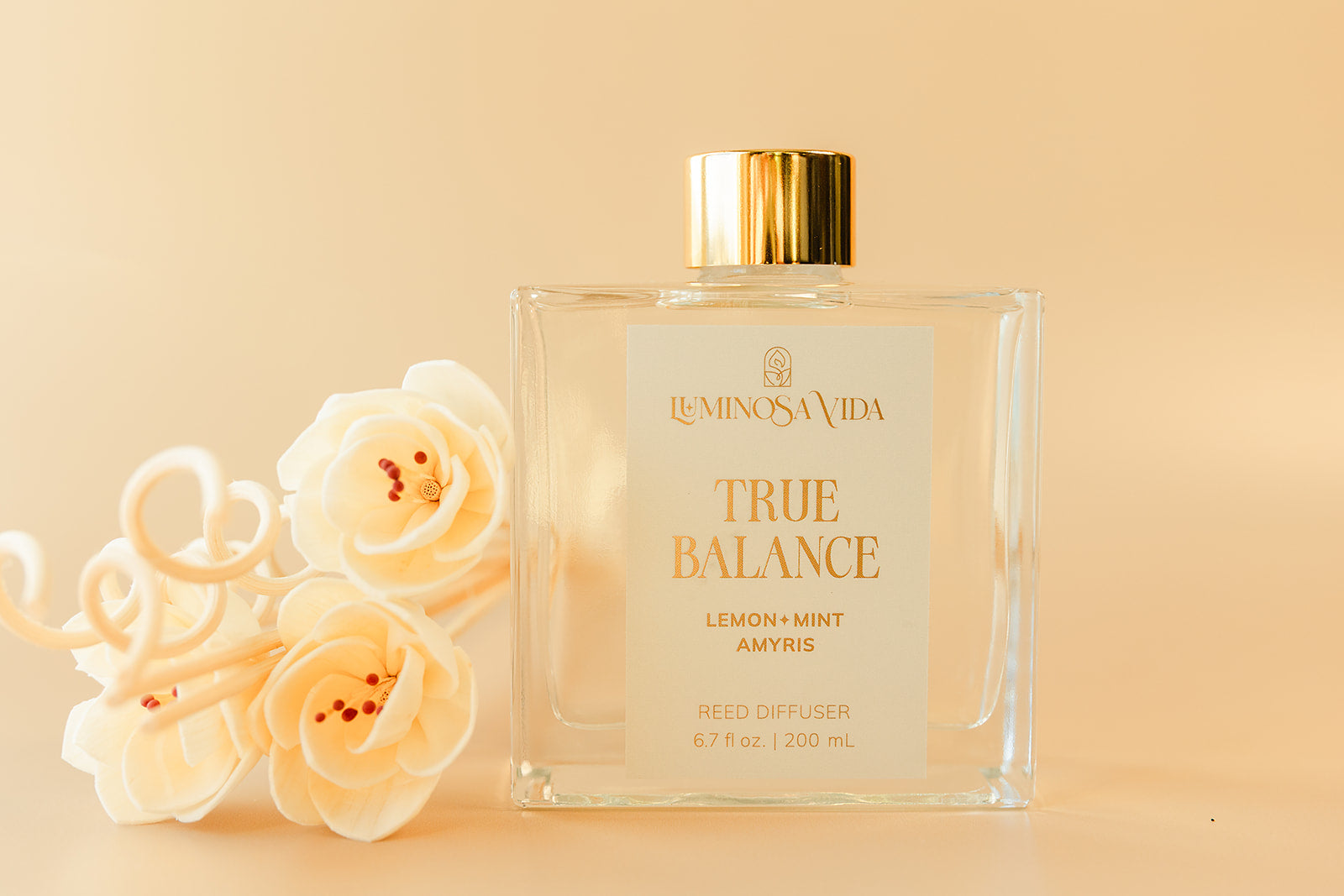 Luminosa Vida True Balance reed diffuser with lemon mint amyris fragrance styled with white diffuser flowers.