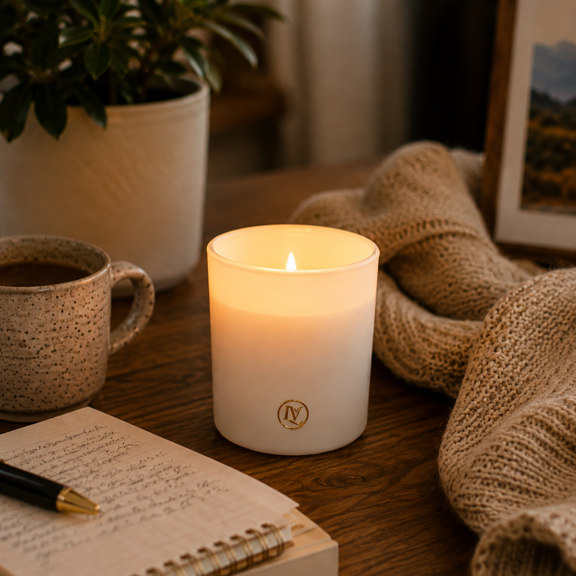 Quiet Hour candle by Luminosa Vida styled in a cozy autumn setting with a warm glow, knit throw, and coffee mug, featuring a clean-burning coconut wax candle for fall home decor.