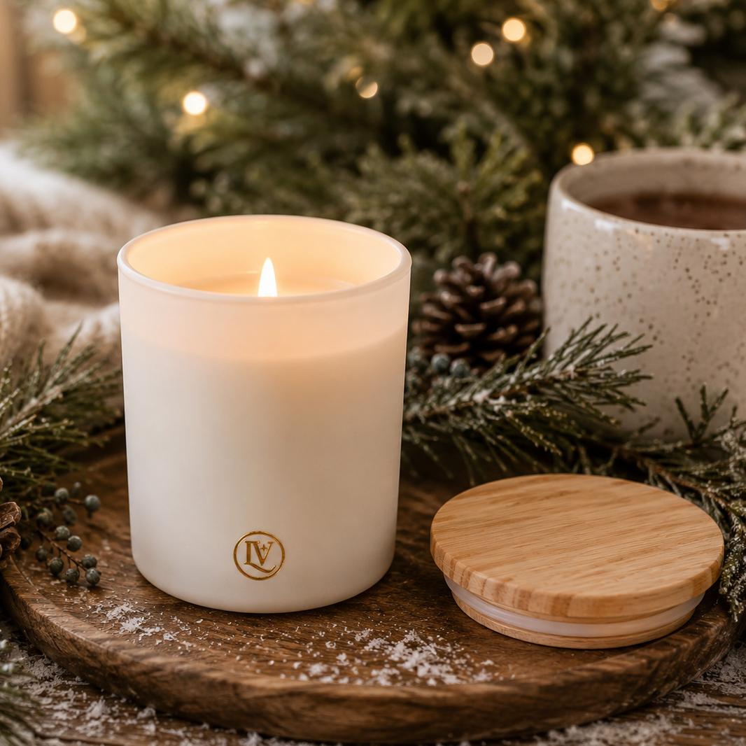 Snowy Evergreens Christmas tree candle by Luminosa Vida displayed in a cozy winter setting with pinecones, evergreen branches, and warm holiday lights. A luxury coconut wax candle with pine, juniper, oakmoss, and cherry blossom notes for festive home fragrance and winter decor.